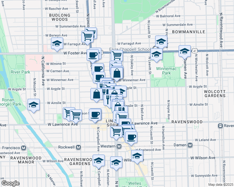map of restaurants, bars, coffee shops, grocery stores, and more near 4935 North Western Avenue in Chicago