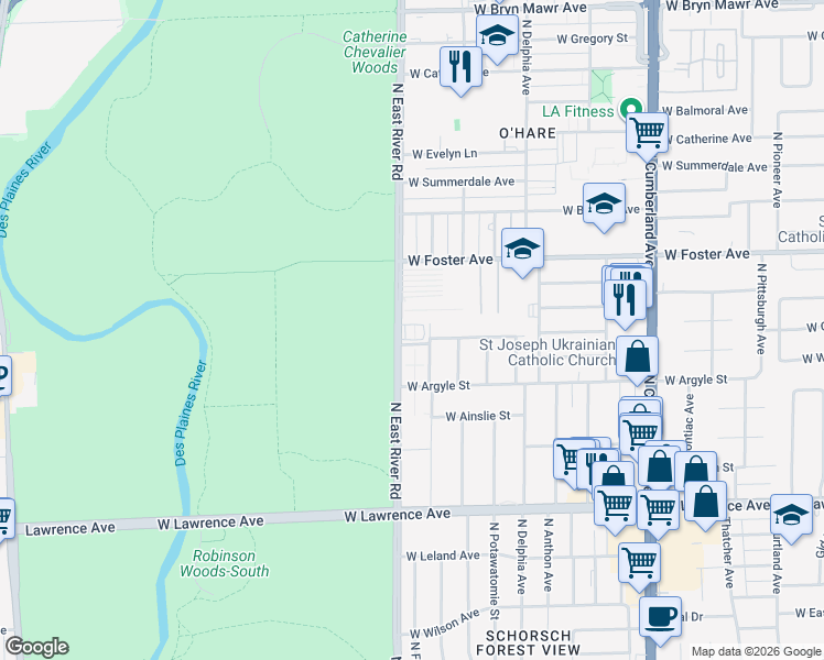 map of restaurants, bars, coffee shops, grocery stores, and more near 5037 North East River Road in Norridge