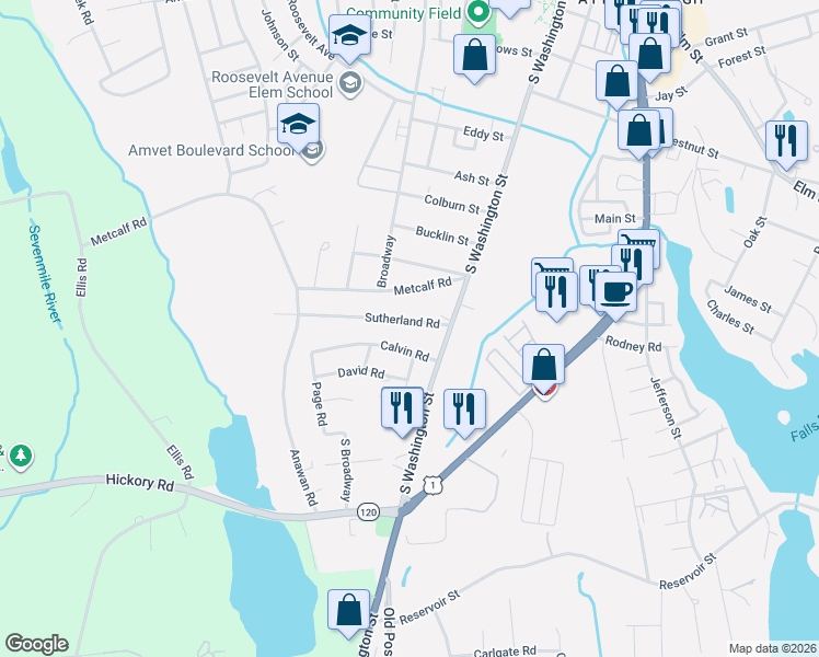 map of restaurants, bars, coffee shops, grocery stores, and more near 30 Sutherland Road in North Attleborough