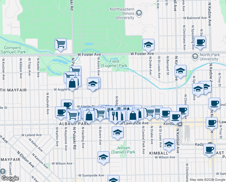 map of restaurants, bars, coffee shops, grocery stores, and more near 4947 North Hamlin Avenue in Chicago