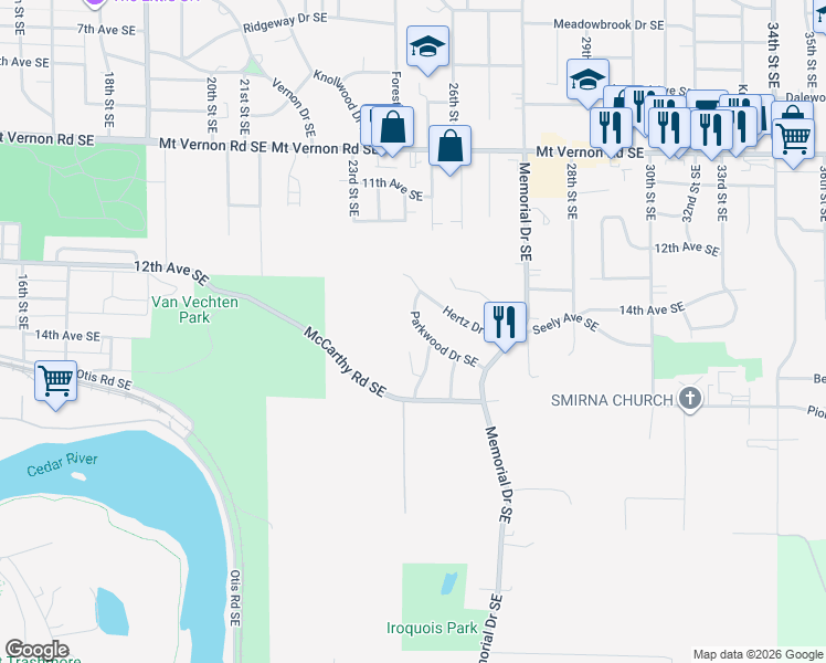 map of restaurants, bars, coffee shops, grocery stores, and more near 1401 Parkwood Drive Southeast in Cedar Rapids