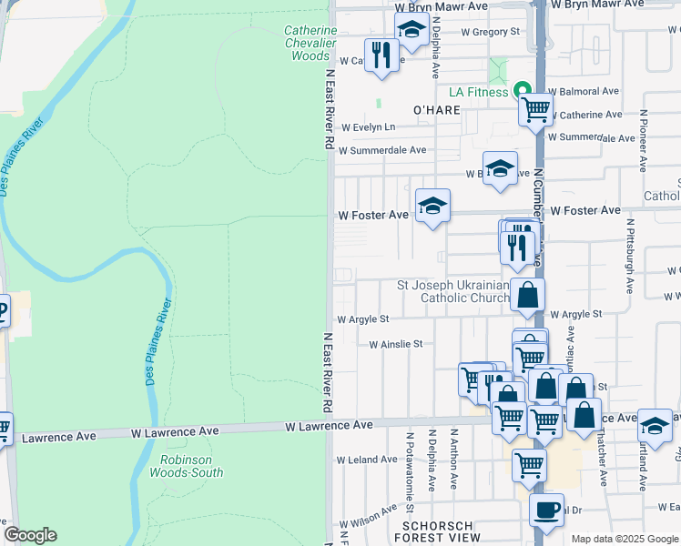 map of restaurants, bars, coffee shops, grocery stores, and more near 5037 North East River Road in Norridge