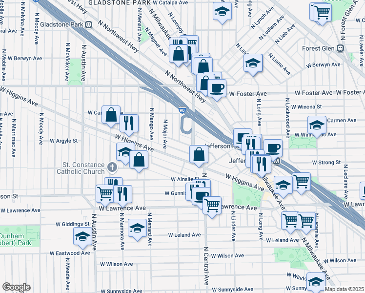 map of restaurants, bars, coffee shops, grocery stores, and more near 5685 West Goodman Street in Chicago