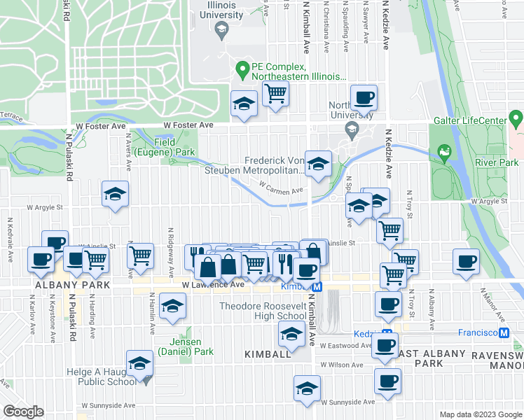 map of restaurants, bars, coffee shops, grocery stores, and more near 4952 North Saint Louis Avenue in Chicago