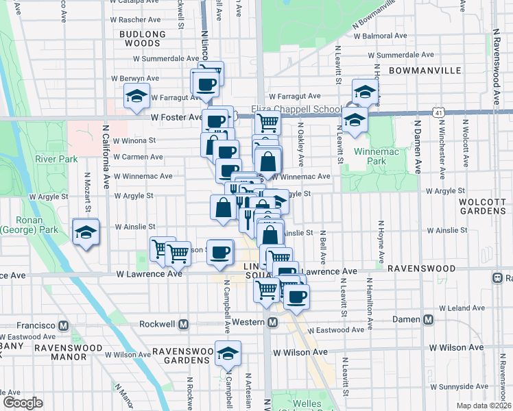 map of restaurants, bars, coffee shops, grocery stores, and more near 4950 North Western Avenue in Chicago