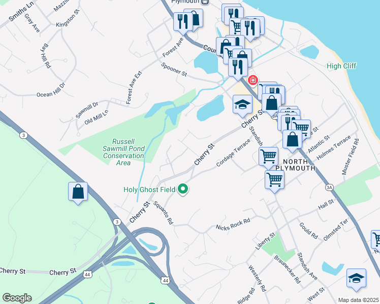 map of restaurants, bars, coffee shops, grocery stores, and more near 6 Cherry Street Court in Plymouth