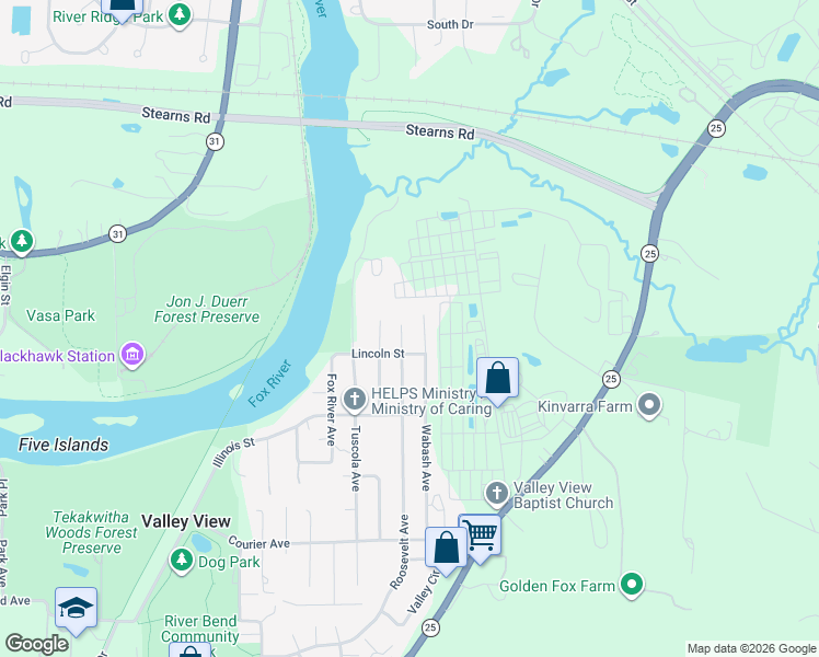 map of restaurants, bars, coffee shops, grocery stores, and more near 7N030 Wabash Avenue in St. Charles