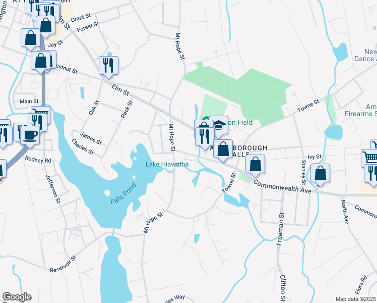map of restaurants, bars, coffee shops, grocery stores, and more near 28 Commonwealth Avenue in North Attleborough