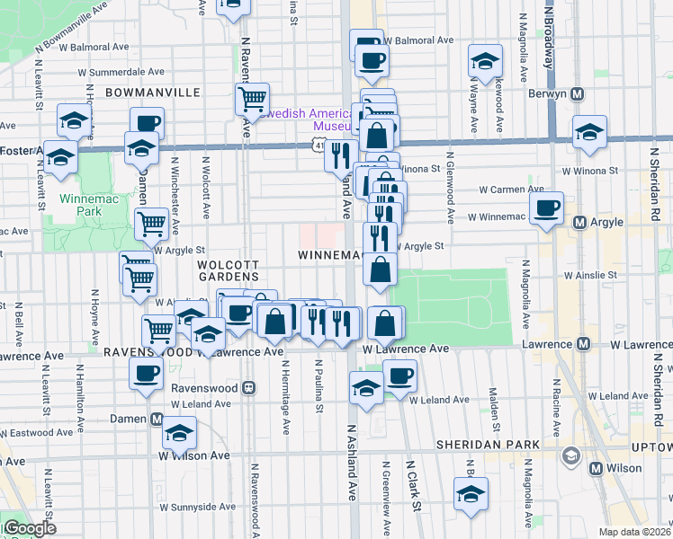 map of restaurants, bars, coffee shops, grocery stores, and more near 1605 West Ainslie Street in Chicago
