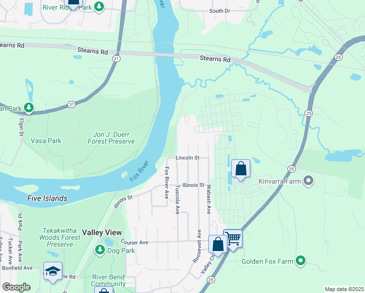 map of restaurants, bars, coffee shops, grocery stores, and more near 7N021 Tuscola Avenue in Saint Charles