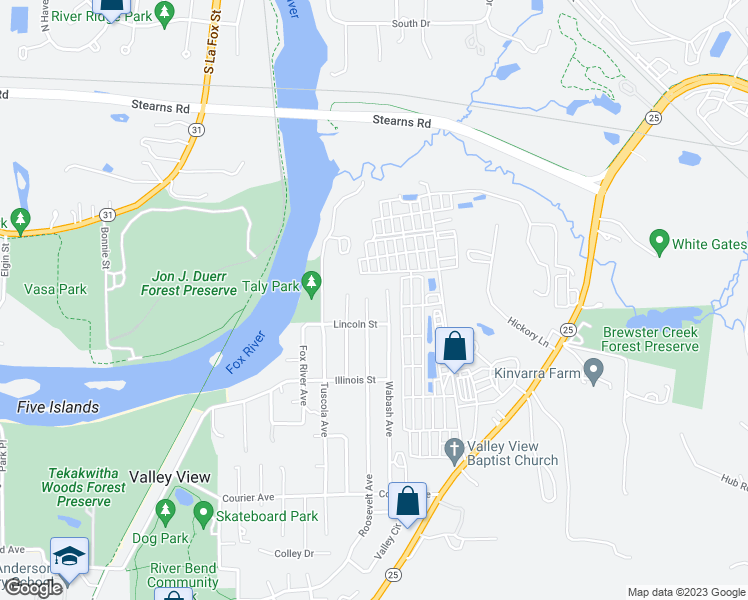 map of restaurants, bars, coffee shops, grocery stores, and more near 7N029 Roosevelt Avenue in St. Charles