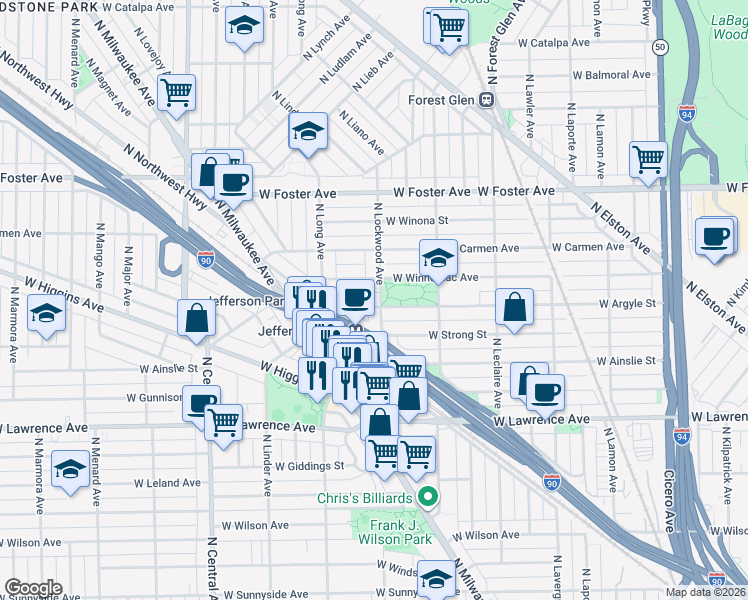 map of restaurants, bars, coffee shops, grocery stores, and more near 5302 West Argyle Street in Chicago