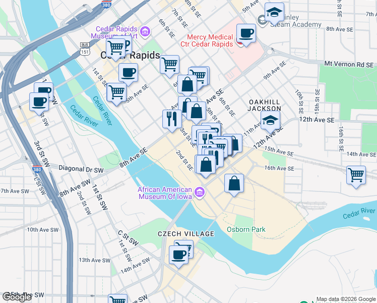 map of restaurants, bars, coffee shops, grocery stores, and more near 921 3rd Street Southeast in Cedar Rapids