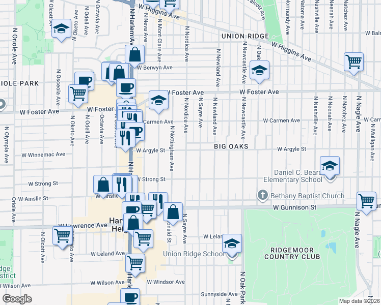 map of restaurants, bars, coffee shops, grocery stores, and more near 4944 North Nordica Avenue in Chicago