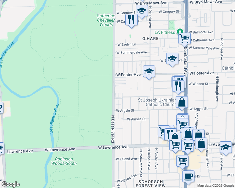 map of restaurants, bars, coffee shops, grocery stores, and more near 5037 North East River Road in Norridge