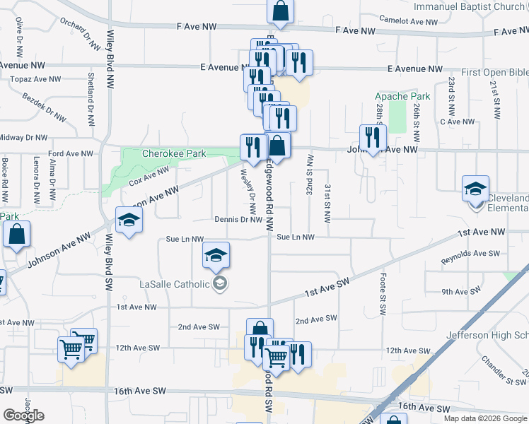 map of restaurants, bars, coffee shops, grocery stores, and more near 109 Edgewood Road Northwest in Cedar Rapids