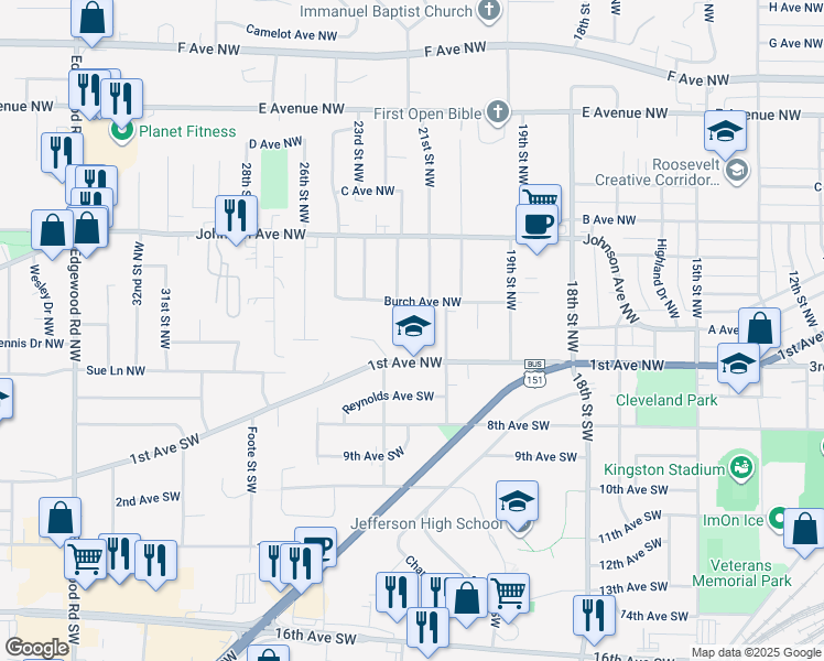 map of restaurants, bars, coffee shops, grocery stores, and more near 2200 1st Avenue Northwest in Cedar Rapids
