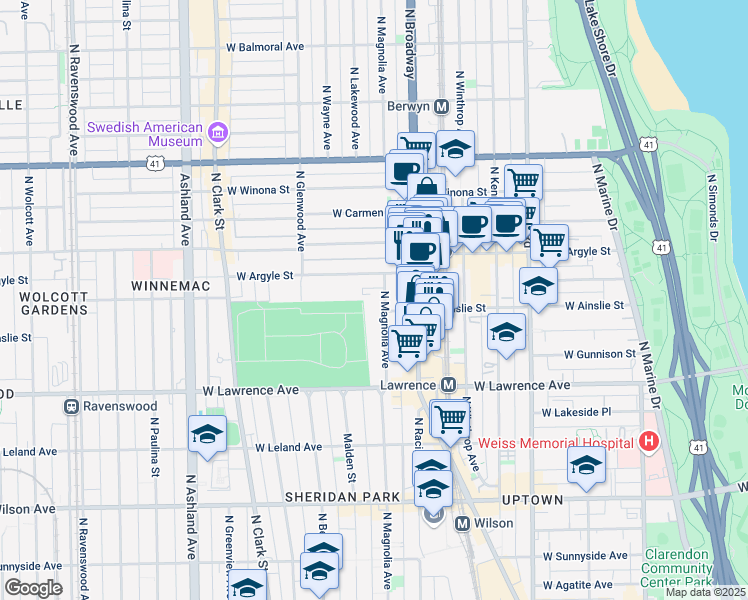 map of restaurants, bars, coffee shops, grocery stores, and more near 4886 North Magnolia Avenue in Chicago