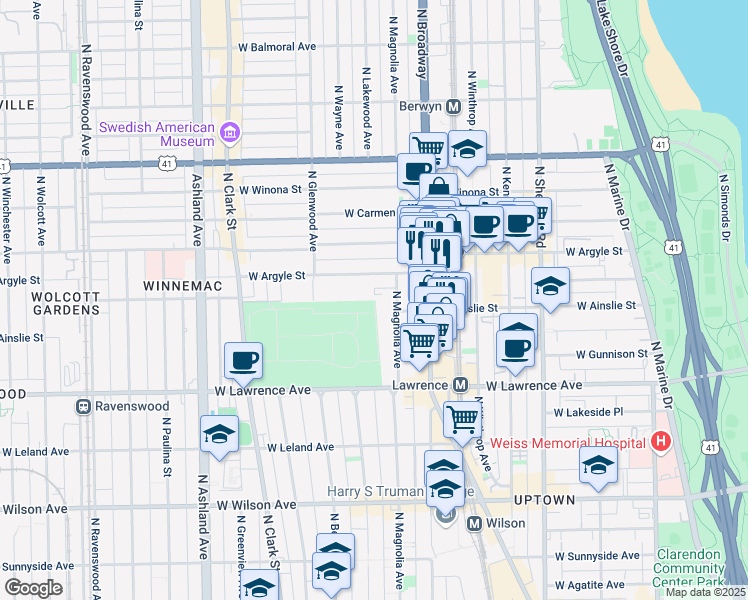 map of restaurants, bars, coffee shops, grocery stores, and more near 4875-4899 North Magnolia Avenue in Chicago