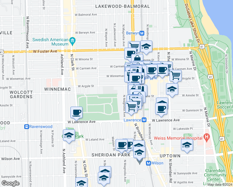 map of restaurants, bars, coffee shops, grocery stores, and more near 4886 North Magnolia Avenue in Chicago