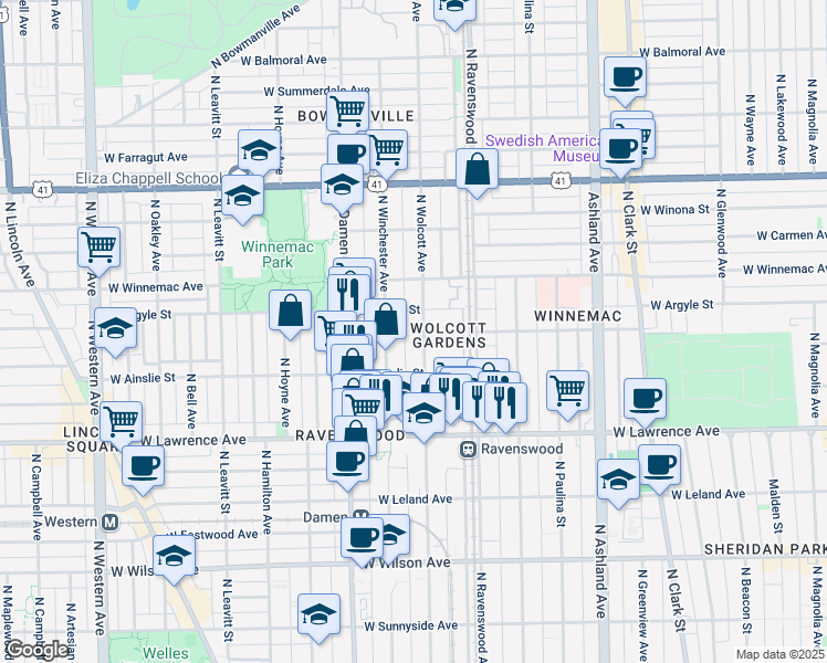map of restaurants, bars, coffee shops, grocery stores, and more near 4926 North Wolcott Avenue in Chicago