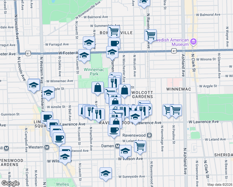 map of restaurants, bars, coffee shops, grocery stores, and more near 4928 North Damen Avenue in Chicago