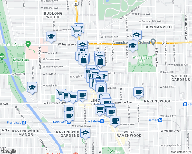 map of restaurants, bars, coffee shops, grocery stores, and more near 4923 North Lincoln Avenue in Chicago