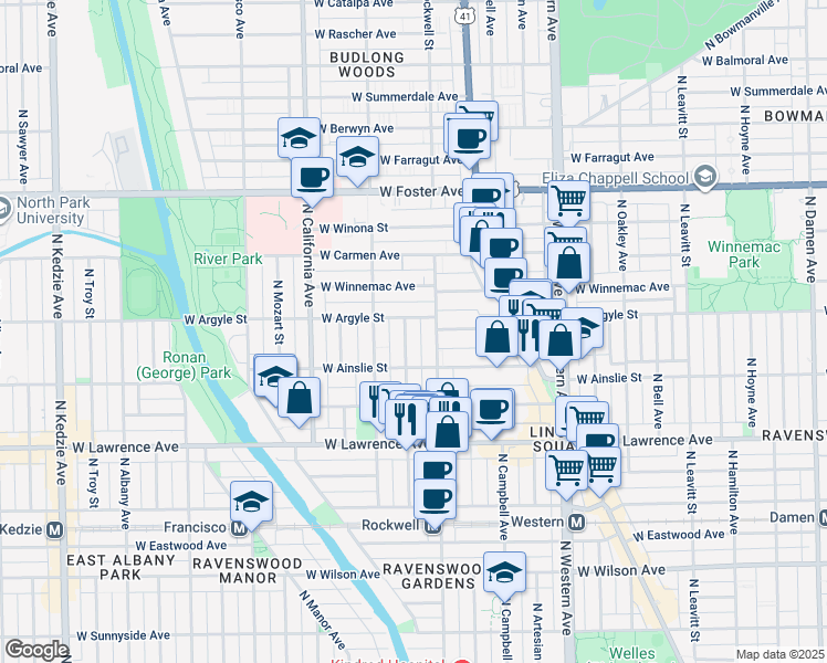 map of restaurants, bars, coffee shops, grocery stores, and more near 4926 North Rockwell Street in Chicago