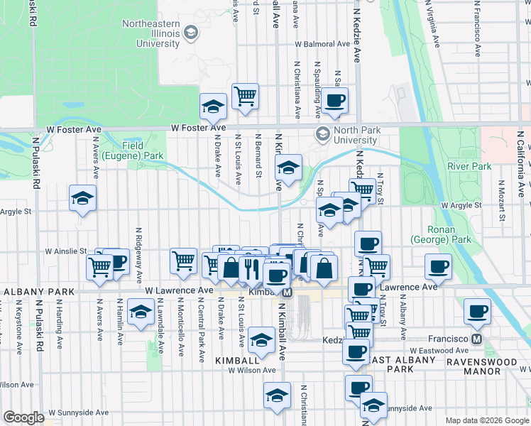 map of restaurants, bars, coffee shops, grocery stores, and more near 4940 North Kimball Avenue in Chicago