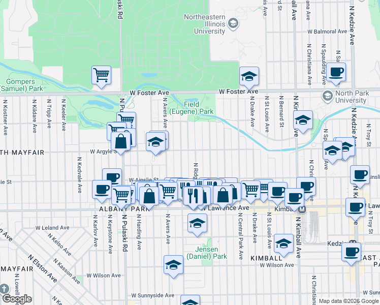 map of restaurants, bars, coffee shops, grocery stores, and more near 4947 North Hamlin Avenue in Chicago