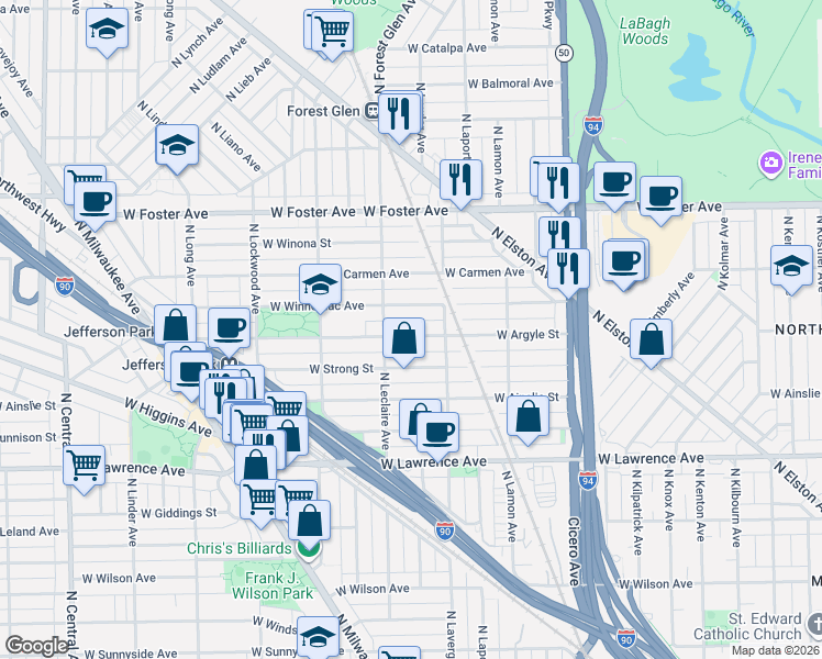 map of restaurants, bars, coffee shops, grocery stores, and more near 5043 West Argyle Street in Chicago
