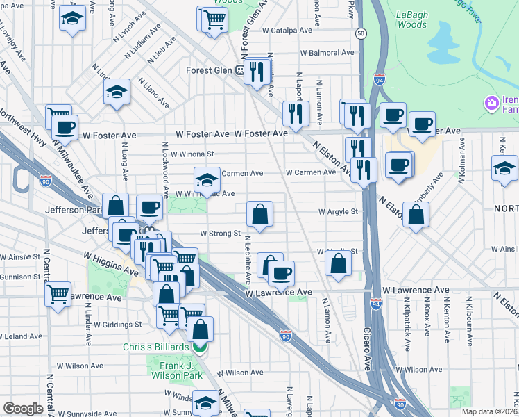 map of restaurants, bars, coffee shops, grocery stores, and more near 5043 West Argyle Street in Chicago