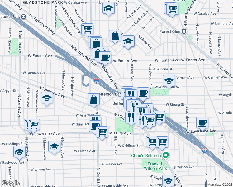 map of restaurants, bars, coffee shops, grocery stores, and more near 5457 West Edmunds Street in Chicago