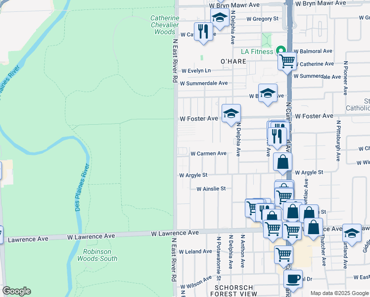 map of restaurants, bars, coffee shops, grocery stores, and more near 5037 North East River Road in Norridge