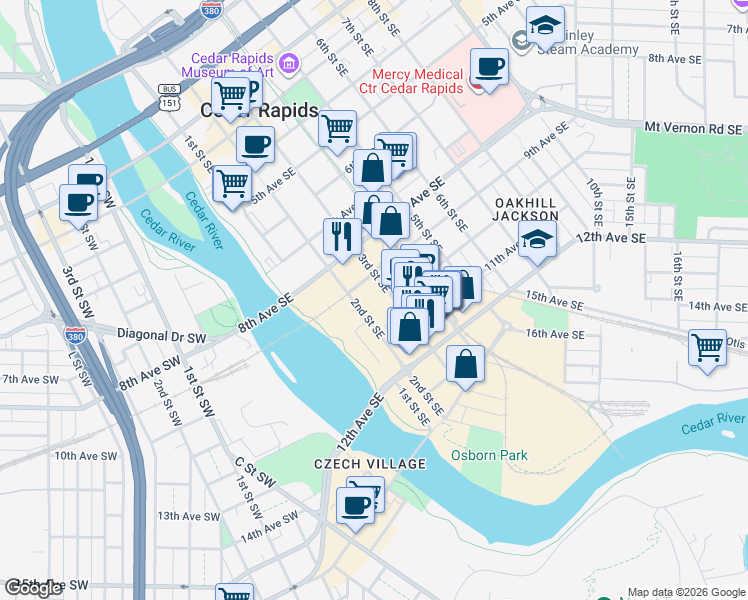 map of restaurants, bars, coffee shops, grocery stores, and more near 921 3rd Street Southeast in Cedar Rapids