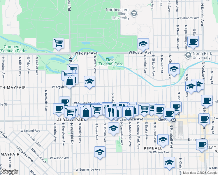 map of restaurants, bars, coffee shops, grocery stores, and more near 4947 North Hamlin Avenue in Chicago