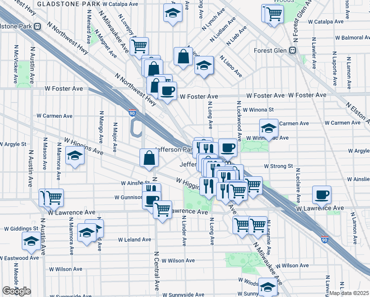 map of restaurants, bars, coffee shops, grocery stores, and more near 5457 West Edmunds Street in Chicago