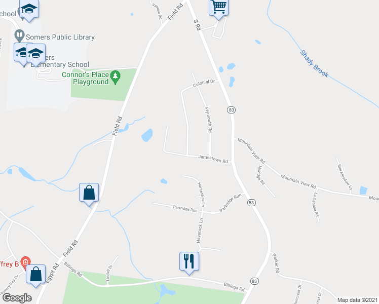 map of restaurants, bars, coffee shops, grocery stores, and more near 36 Jamestown Road in Somers