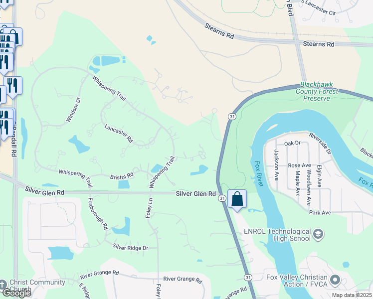map of restaurants, bars, coffee shops, grocery stores, and more near 36W246 River View Court in St. Charles