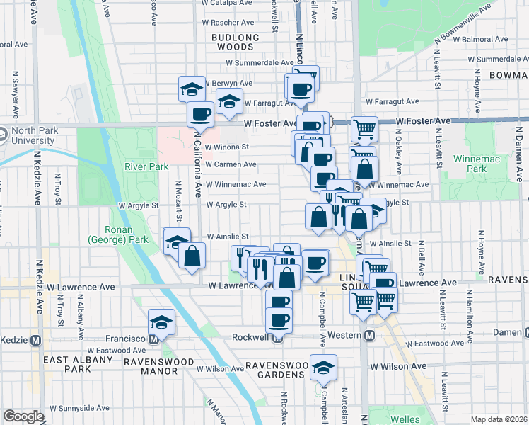 map of restaurants, bars, coffee shops, grocery stores, and more near 4926 North Rockwell Street in Chicago