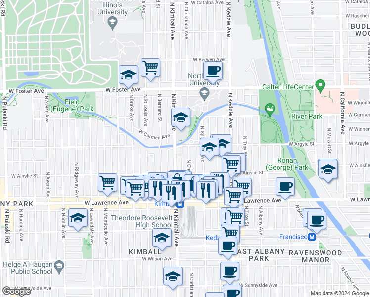 map of restaurants, bars, coffee shops, grocery stores, and more near 3335 West Argyle Street in Chicago