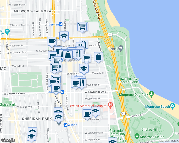 map of restaurants, bars, coffee shops, grocery stores, and more near 943 West Ainslie Street in Chicago