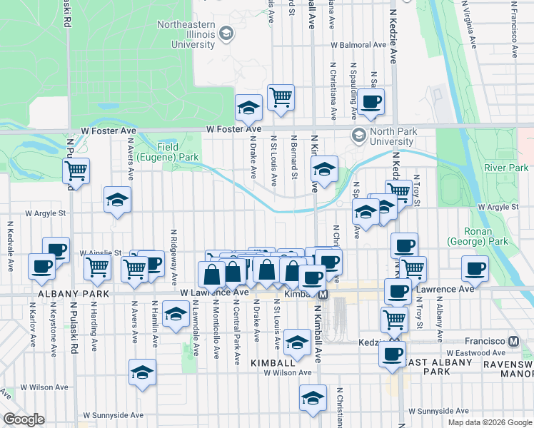 map of restaurants, bars, coffee shops, grocery stores, and more near 4941 North Drake Avenue in Chicago