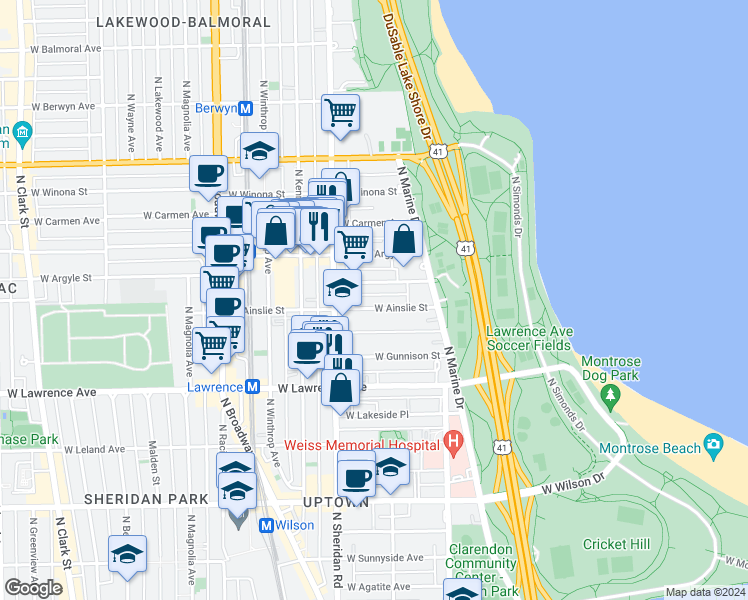 map of restaurants, bars, coffee shops, grocery stores, and more near 914 West Ainslie Street in Chicago