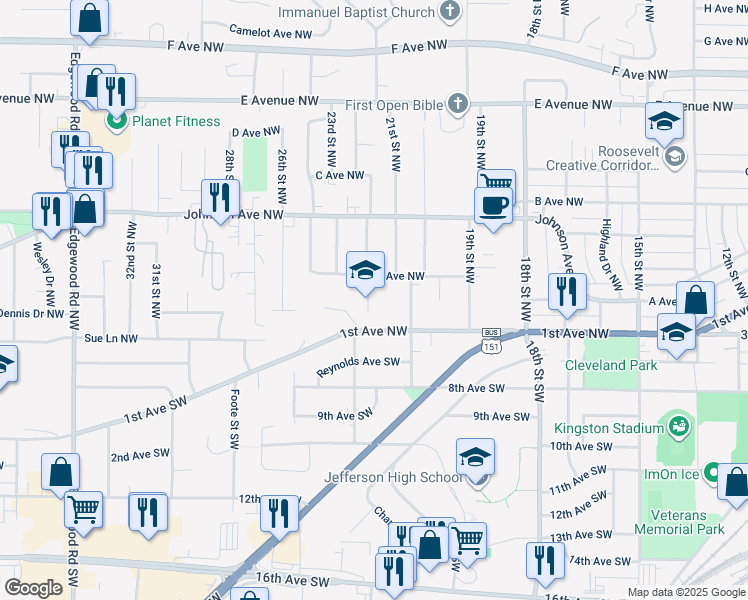 map of restaurants, bars, coffee shops, grocery stores, and more near 2200 1st Avenue Northwest in Cedar Rapids