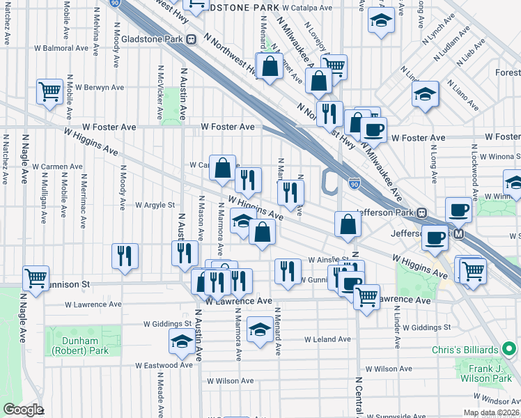 map of restaurants, bars, coffee shops, grocery stores, and more near West Higgins Avenue & North Menard Avenue in Chicago