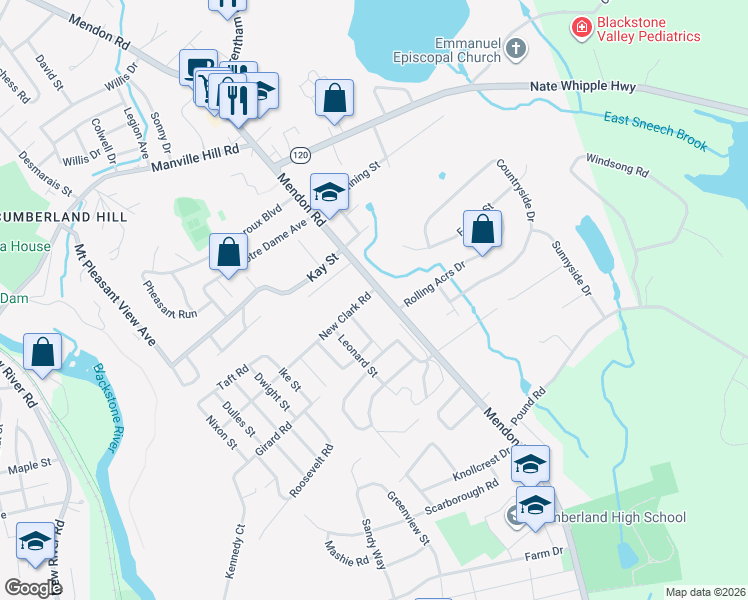 map of restaurants, bars, coffee shops, grocery stores, and more near 10 New Clark Road in Cumberland