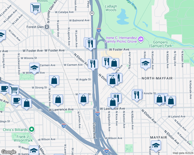 map of restaurants, bars, coffee shops, grocery stores, and more near Edens Expressway in Chicago