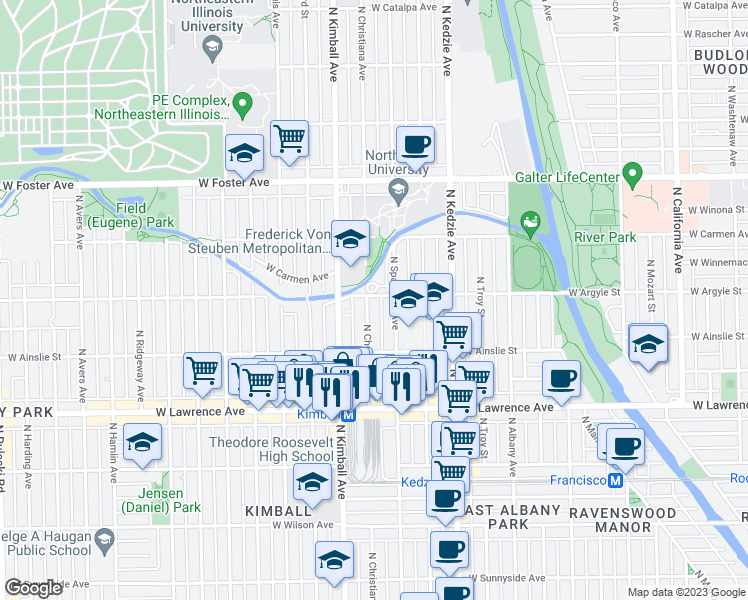 map of restaurants, bars, coffee shops, grocery stores, and more near 4957 North Christiana Avenue in Chicago