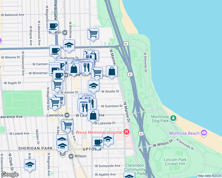 map of restaurants, bars, coffee shops, grocery stores, and more near 855 West Ainslie Street in Chicago
